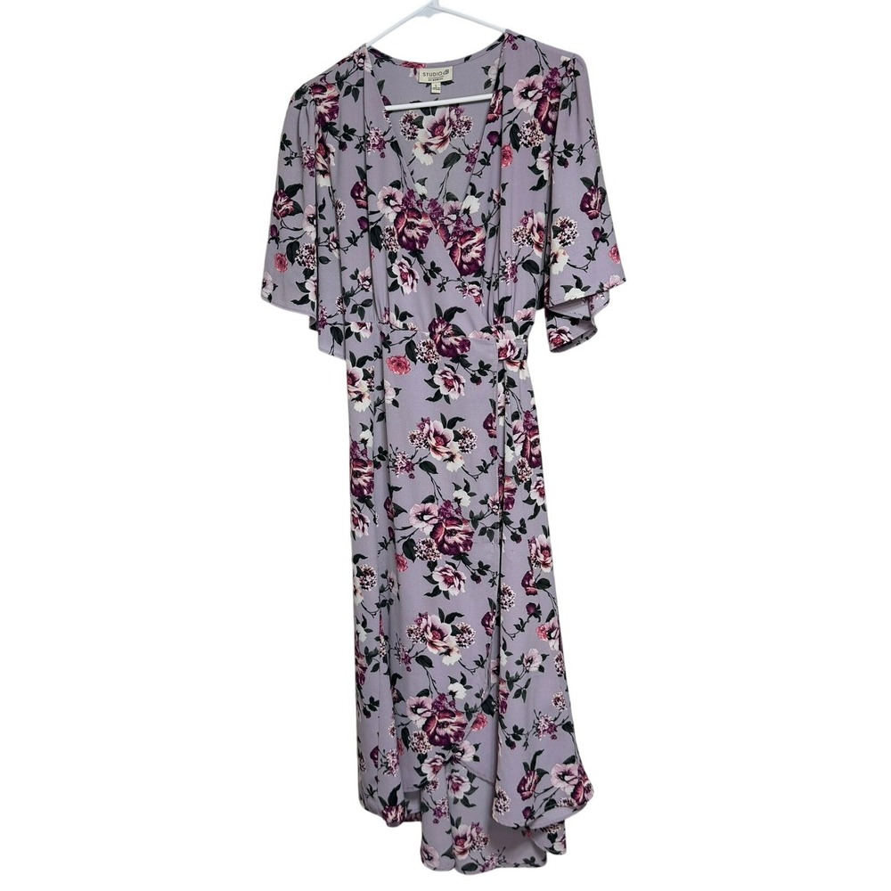 Studio B by Bobeau Floral Wrap Dress Lavender Purple High Low Flutter Sleeve L
